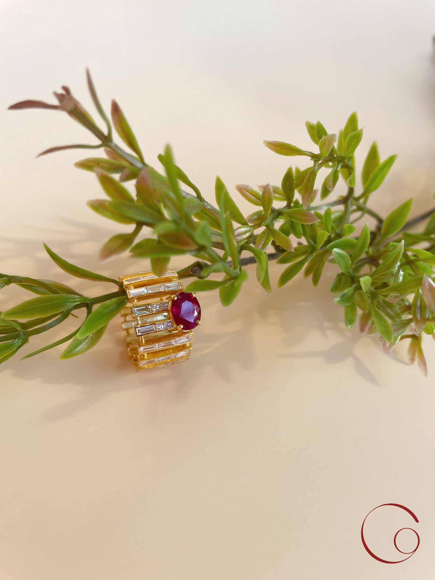 Off-centred Ruby with Round Diamonds, Baguette Diamonds Fine Jewelry Ring