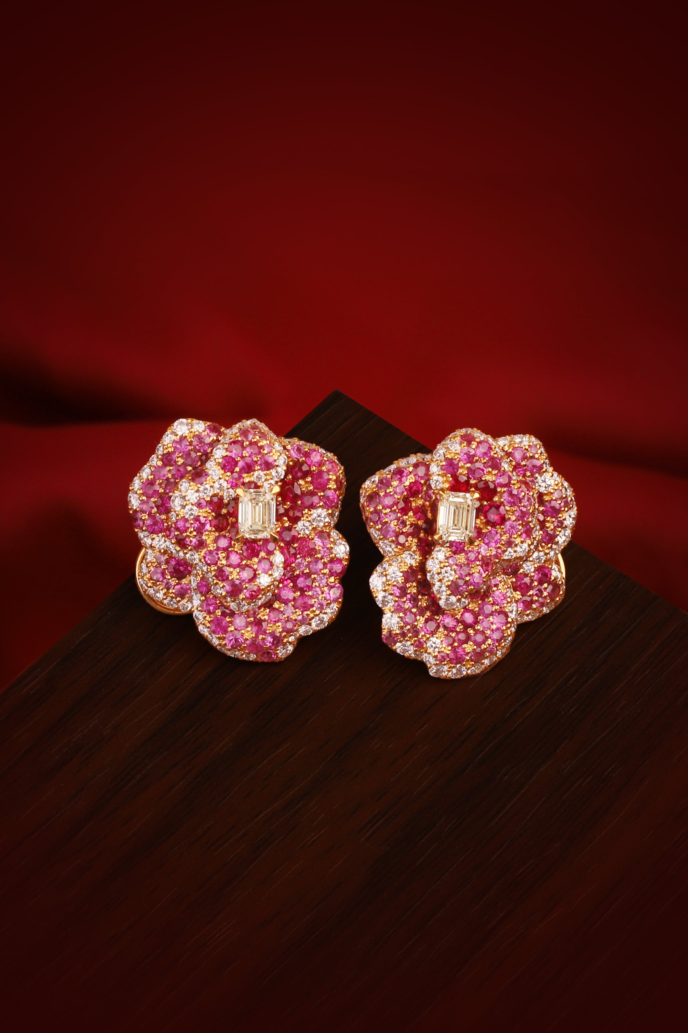 Ombré pink sapphire rose flower fine jewelry earrings